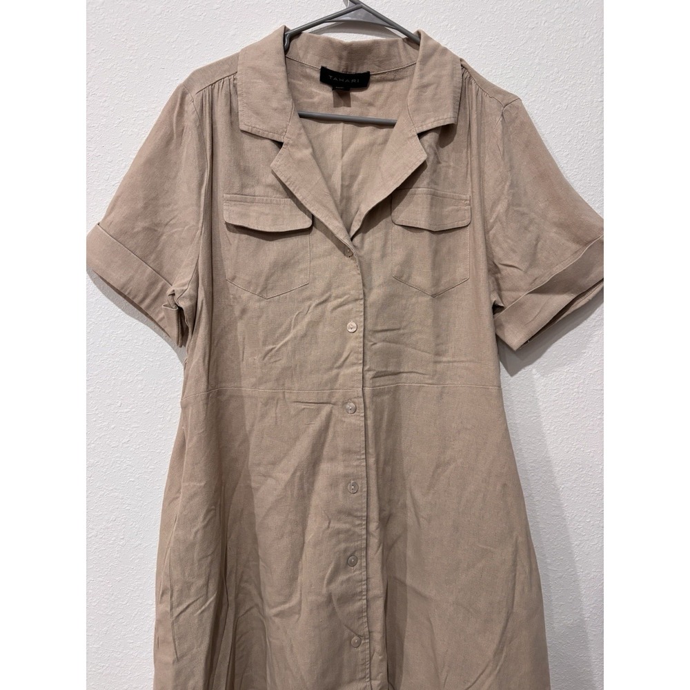 Tahari XL Linen Blend Beige Belted Utility Shirt Dress Short Sleeve Cuffed - Picture 9 of 16